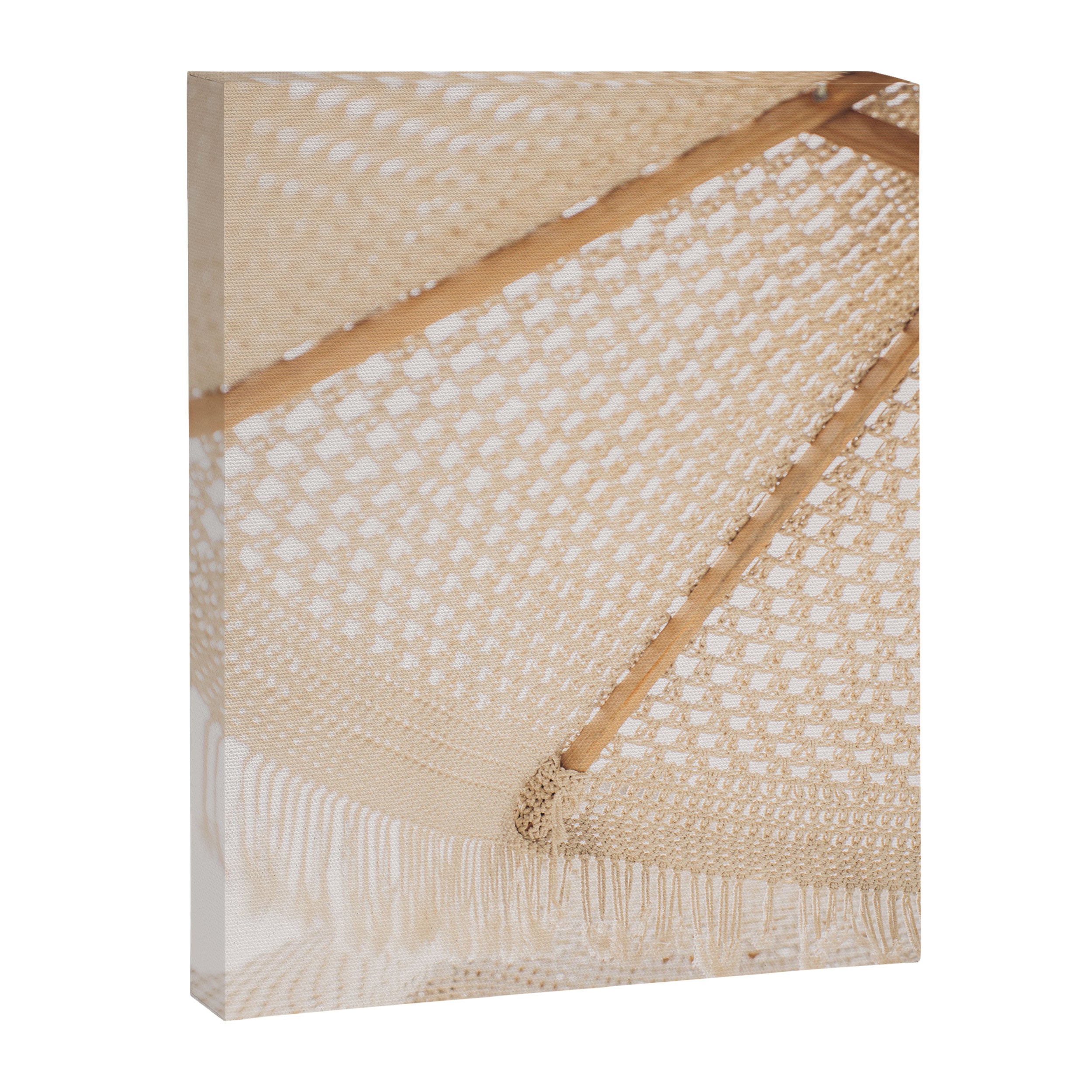 Boho crochet beach umbrella close-up, neutral minimalist summer photo Canvas Print Gallery Image 8