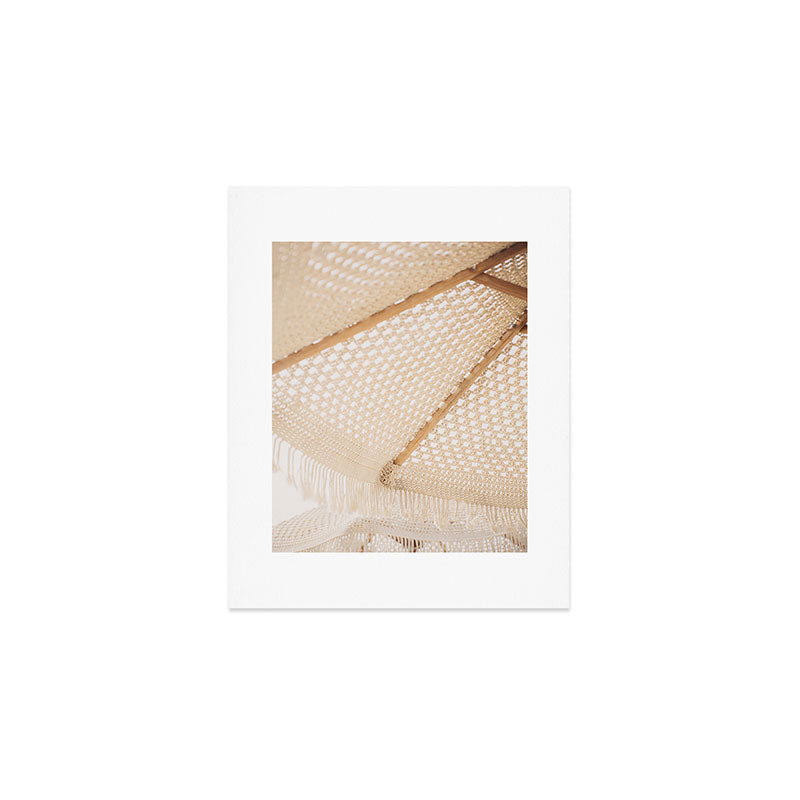 Boho crochet beach umbrella close-up, neutral minimalist summer photo Art Print Gallery Image 1