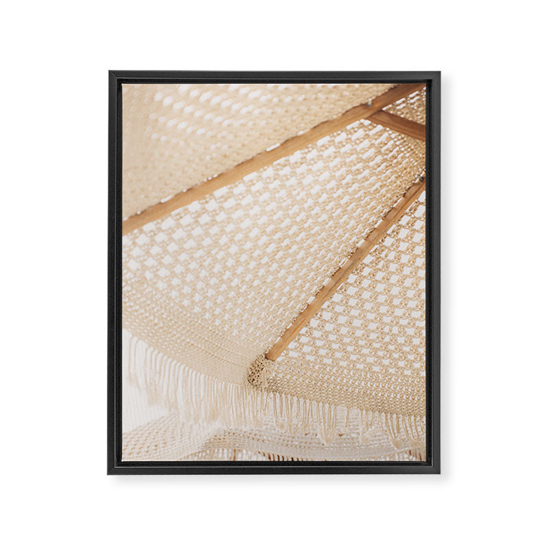 Boho crochet beach umbrella close-up, neutral minimalist summer photo Framed Canvas Print Gallery Image 8