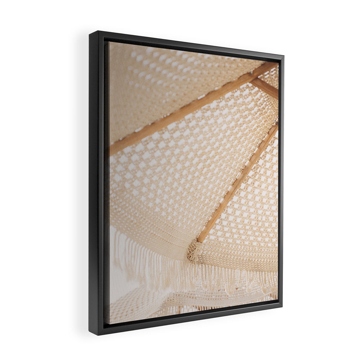 Boho crochet beach umbrella close-up, neutral minimalist summer photo Framed Canvas Print Gallery Image 2