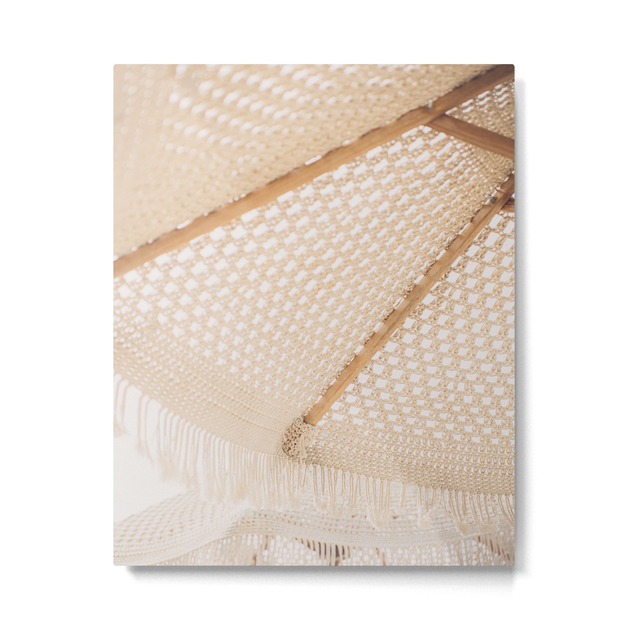 Boho crochet beach umbrella close-up, neutral minimalist summer photo Metal Print Gallery Image 6