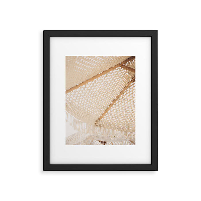 Boho crochet beach umbrella close-up, neutral minimalist summer photo Framed Art Print Gallery Image 1