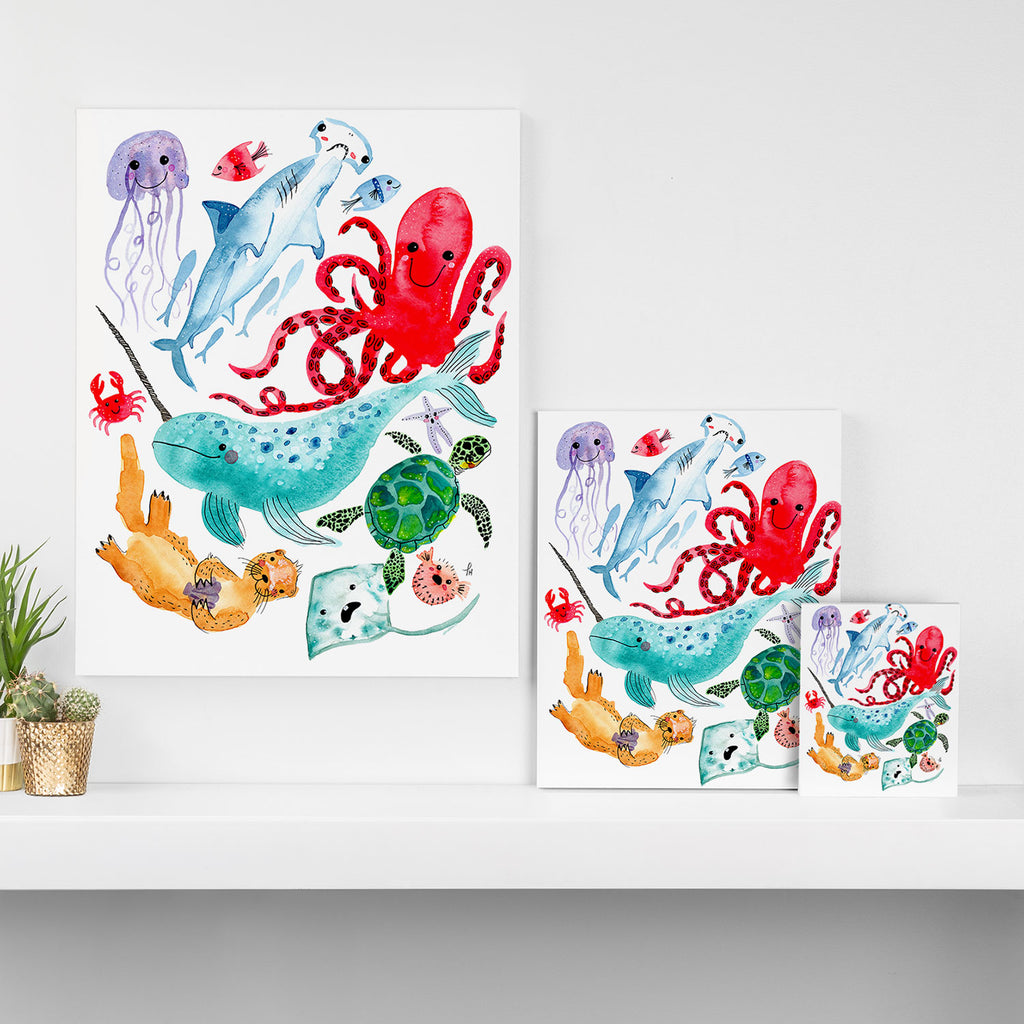 Ocean Creatures - Sea Animals Characters - Watercolor Canvas Print Gallery Image 3