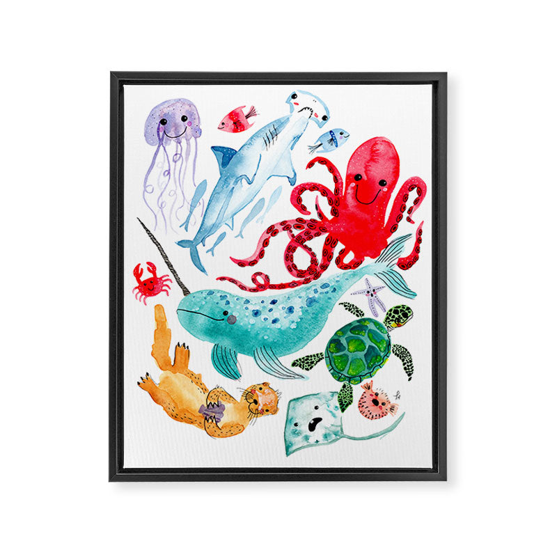 Ocean Creatures - Sea Animals Characters - Watercolor Framed Canvas Print Gallery Image 3