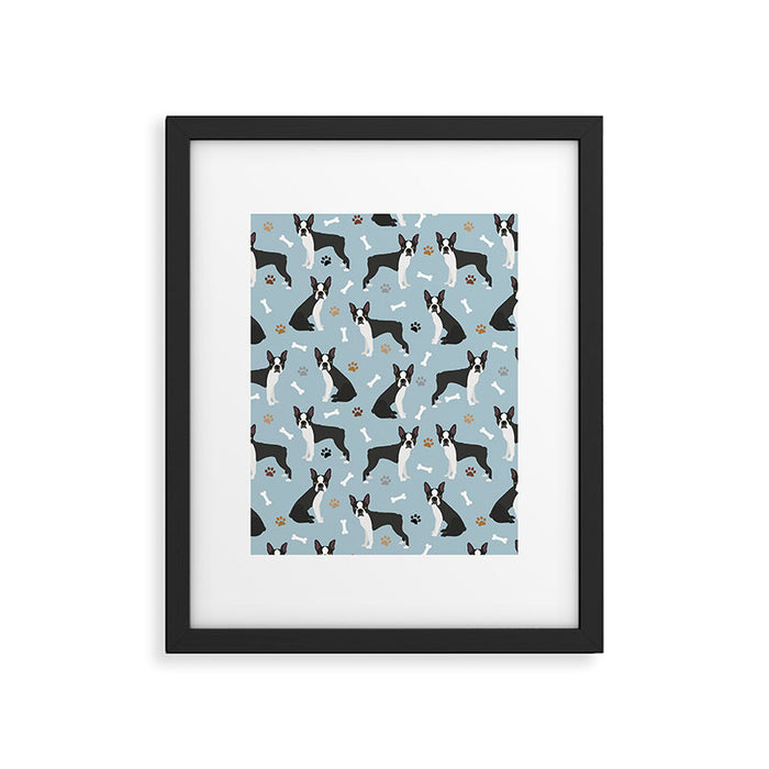 Boston Terrier Dogs Pattern Blue Framed Art Print Gallery Image 1