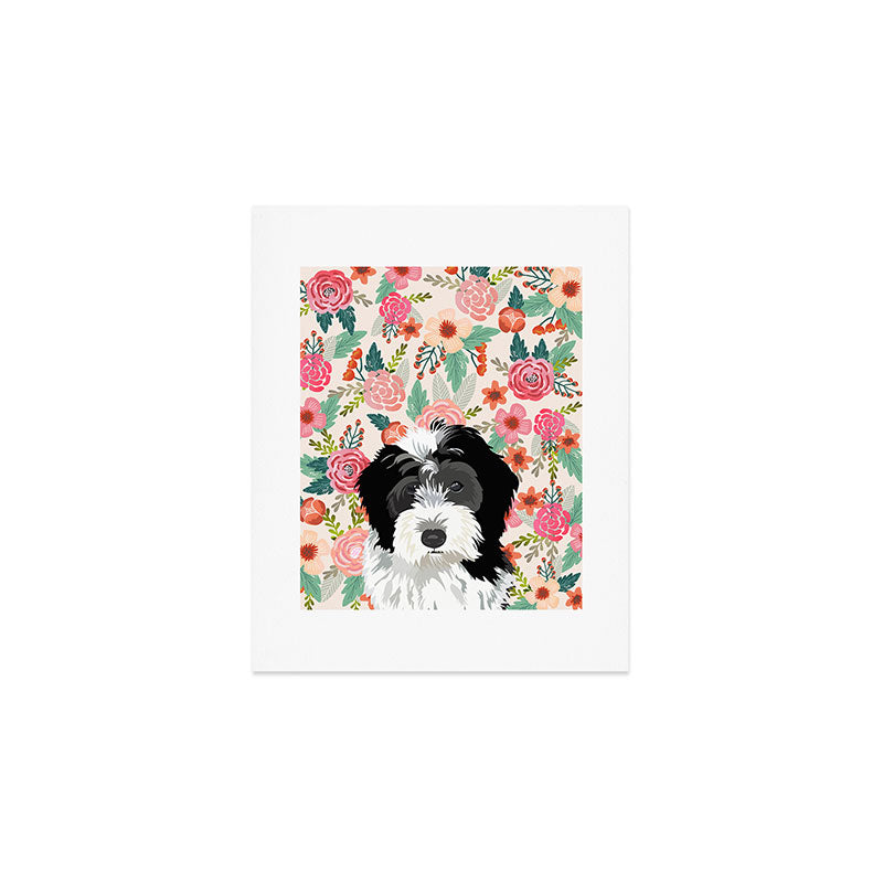 Bernedoodle floral pet portrait art print and dog gifts Art Print Gallery Image 1
