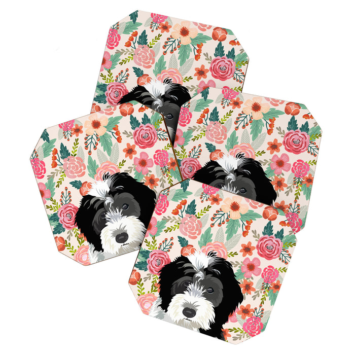Bernedoodle floral pet portrait art print and dog gifts Coaster Gallery Image 1