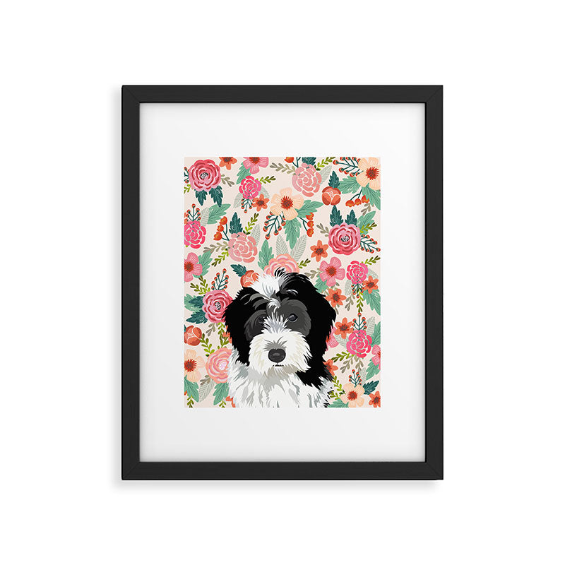 Bernedoodle floral pet portrait art print and dog gifts Framed Art Print Gallery Image 5
