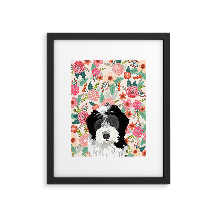 Bernedoodle floral pet portrait art print and dog gifts Framed Art Print Gallery Image 1