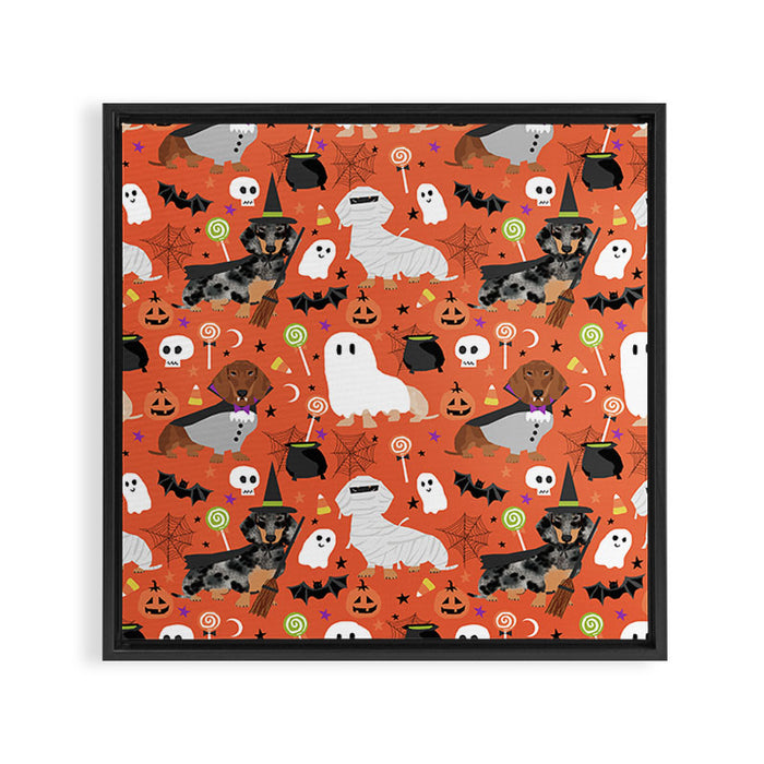 Dachshund dog breed halloween cute pattern doxie dachsie dog costumes Framed Canvas Print Gallery Image 1