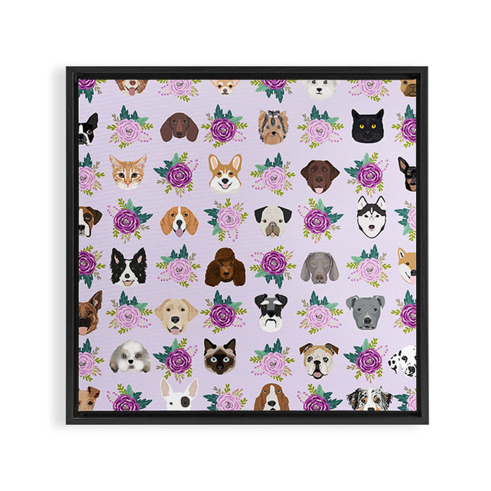 Dogs and cats pet friendly floral animal lover gifts dog breeds cat person Framed Canvas Print Gallery Image 1