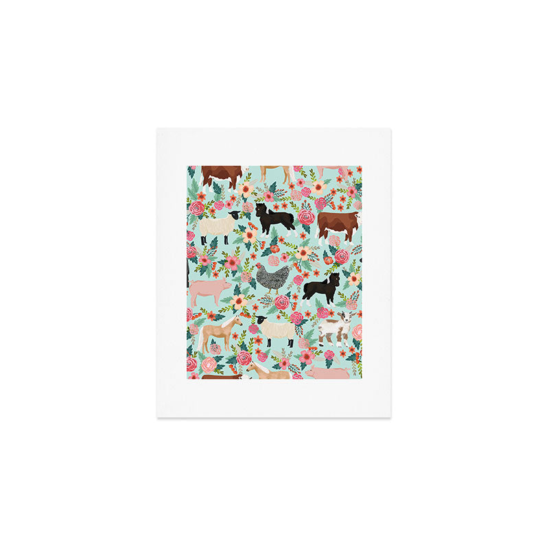 Farm animal sanctuary pig chicken cows horses sheep floral pattern gifts Art Print Gallery Image 1
