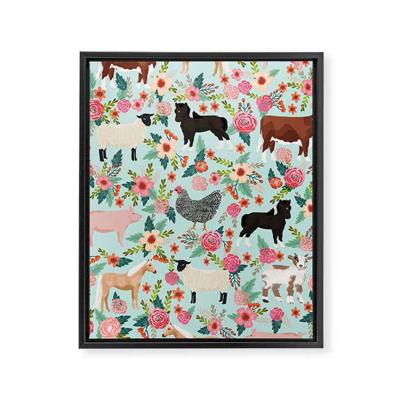 Farm animal sanctuary pig chicken cows horses sheep floral pattern gifts Framed Canvas Print Gallery Image 8