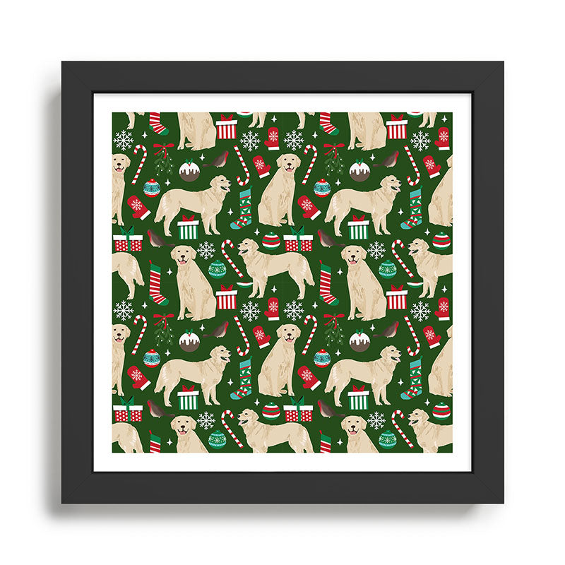 Golden Retriever festive christmas dog illustration pet portrait pet friendly gifts for dog breed Framed Art Print Gallery Image 1