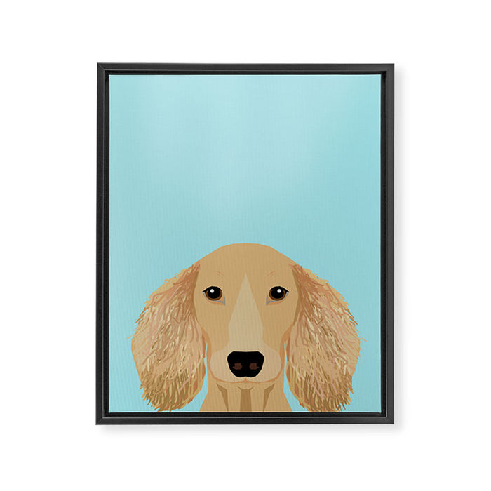 Long Haired Dachshund cream coat cute pet portraits custom dog breed art Framed Canvas Print Gallery Image 1