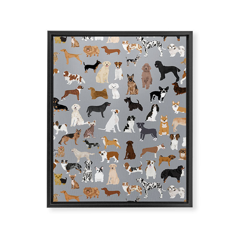 Mixed Dog lots of dogs dog lovers rescue dog art print pattern grey poodle shepherd akita corgi Framed Canvas Print Gallery Image 6