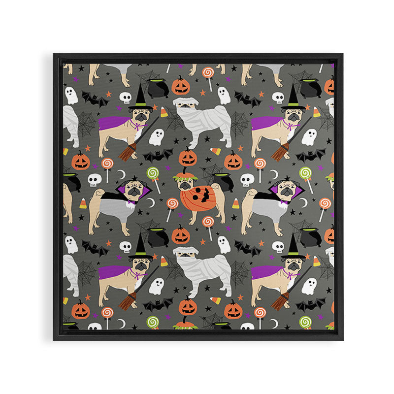 Pug halloween costumes mummy witch vampire pug dog breed pattern by pet friendly Framed Canvas Print Gallery Image 3