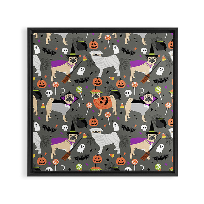Pug halloween costumes mummy witch vampire pug dog breed pattern by pet friendly Framed Canvas Print Gallery Image 1