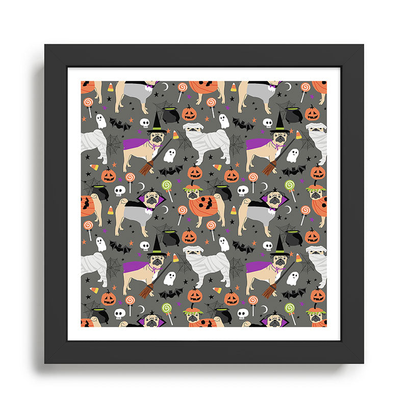 Pug halloween costumes mummy witch vampire pug dog breed pattern by pet friendly Framed Art Print Gallery Image 1