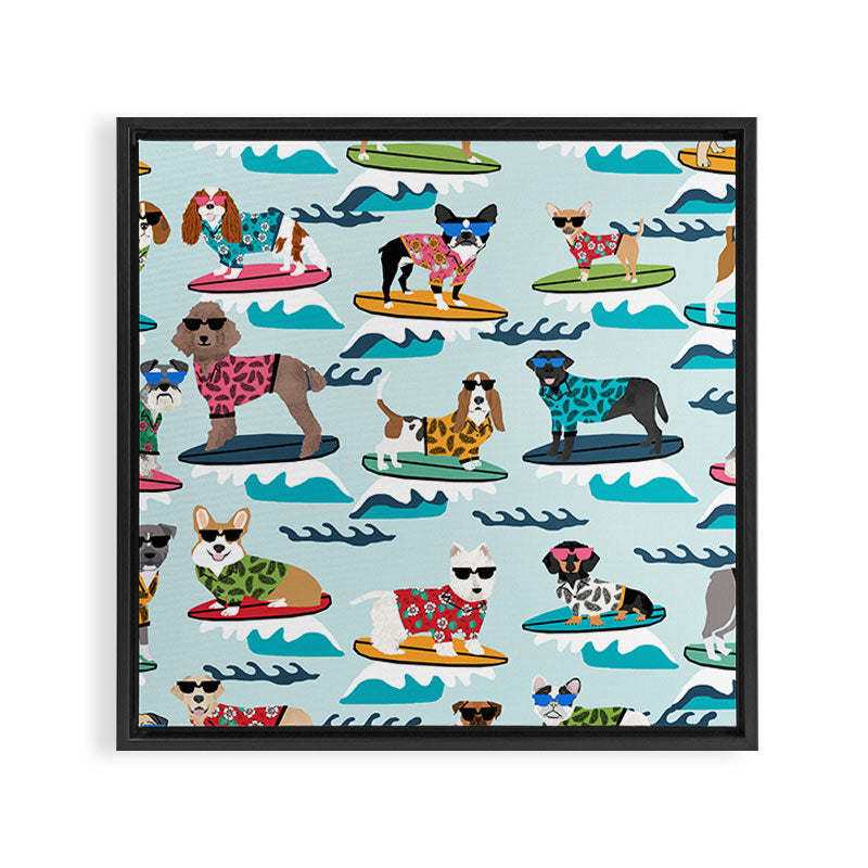 Surfing Dogs - cute summer tropical dogs surfing Framed Canvas Print Gallery Image 3