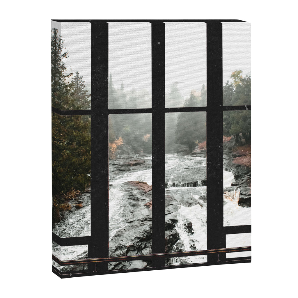 Window to the Waterfall and Forest | Foggy Forest Landscape in Autumn Canvas Print Gallery Image 3