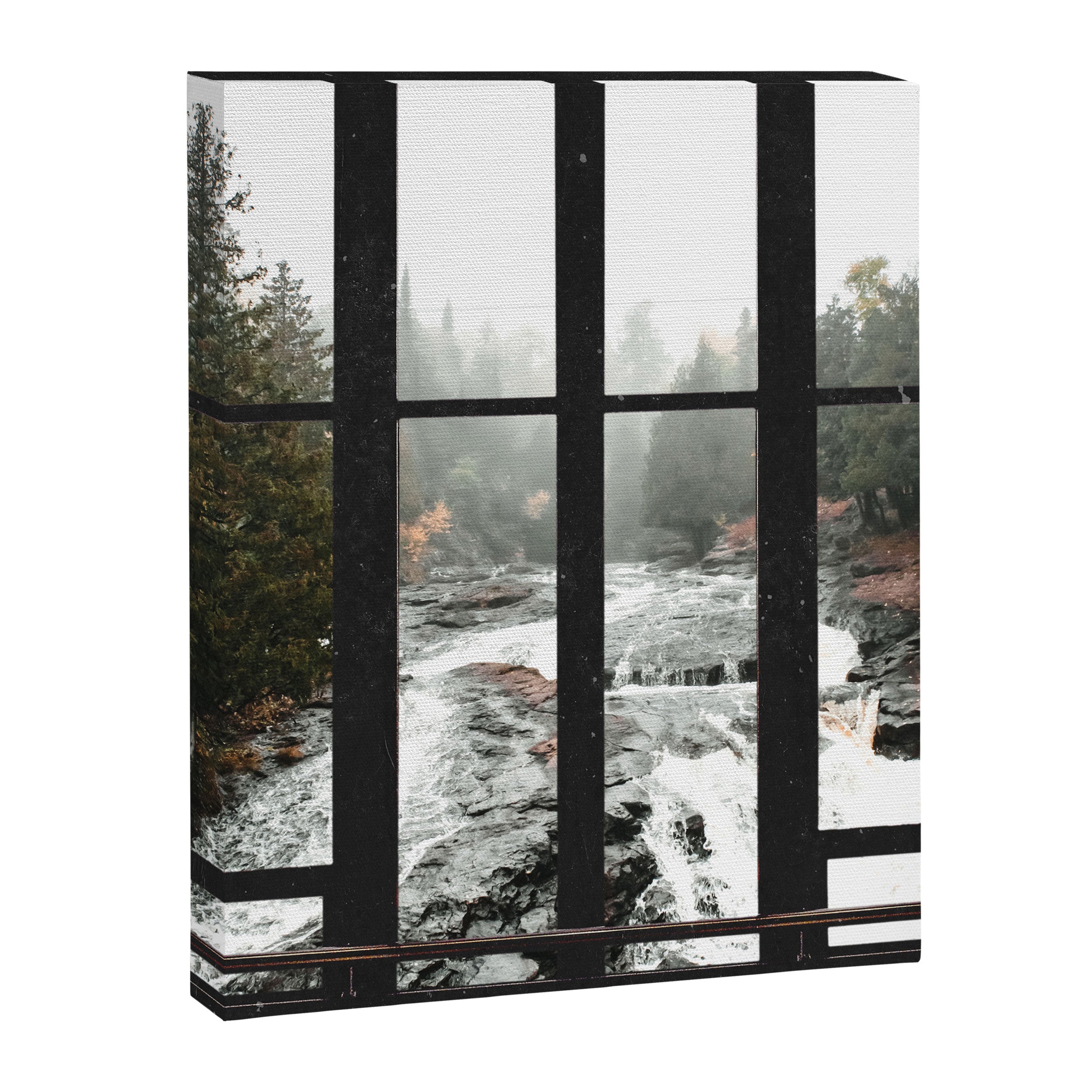 Window to the Waterfall and Forest | Foggy Forest Landscape in Autumn Canvas Print Gallery Image 3