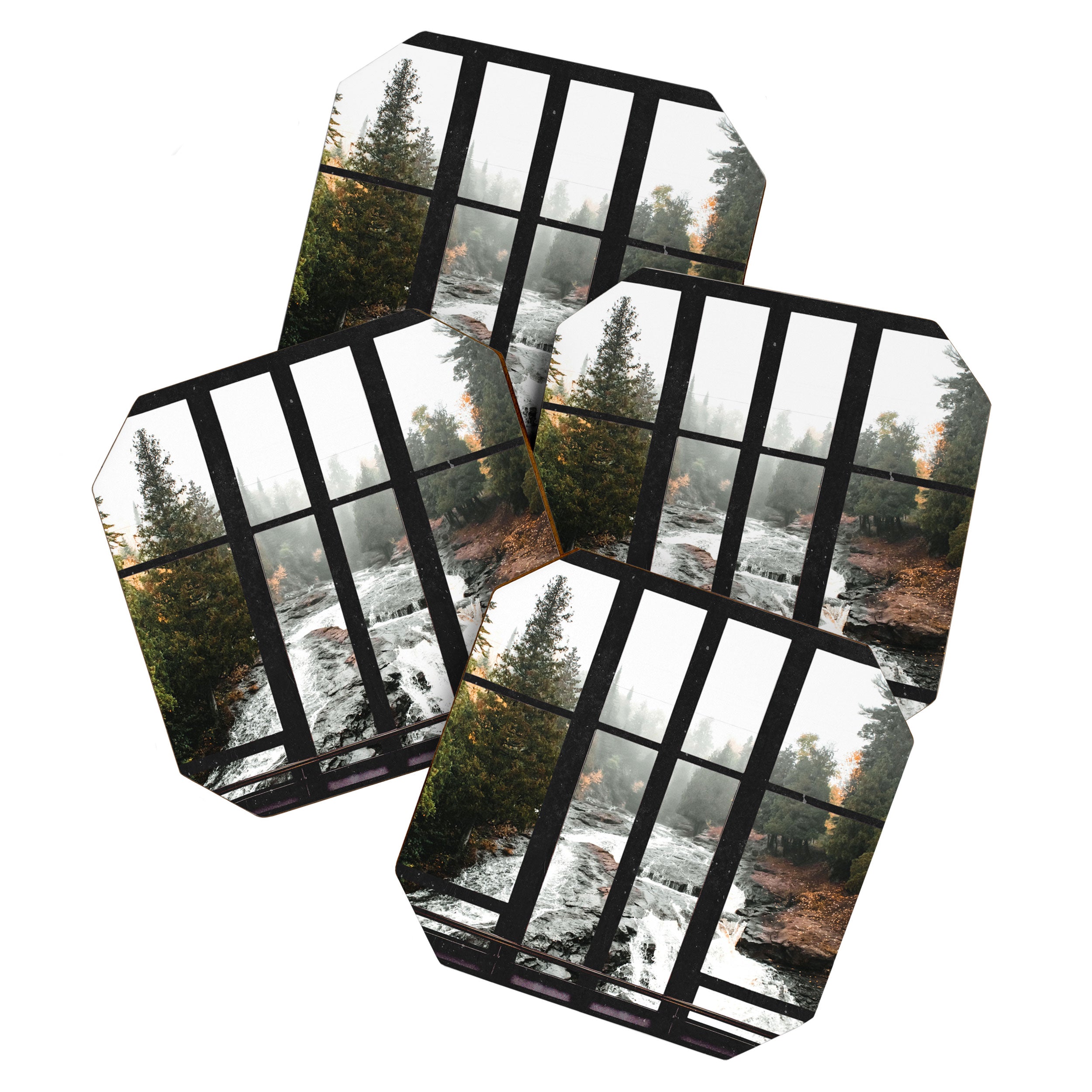 Window to the Waterfall and Forest | Foggy Forest Landscape in Autumn Coaster Gallery Image 1