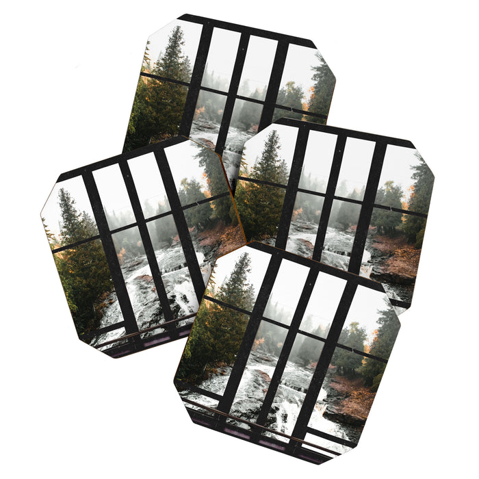 Window to the Waterfall and Forest | Foggy Forest Landscape in Autumn Coaster Gallery Image 1