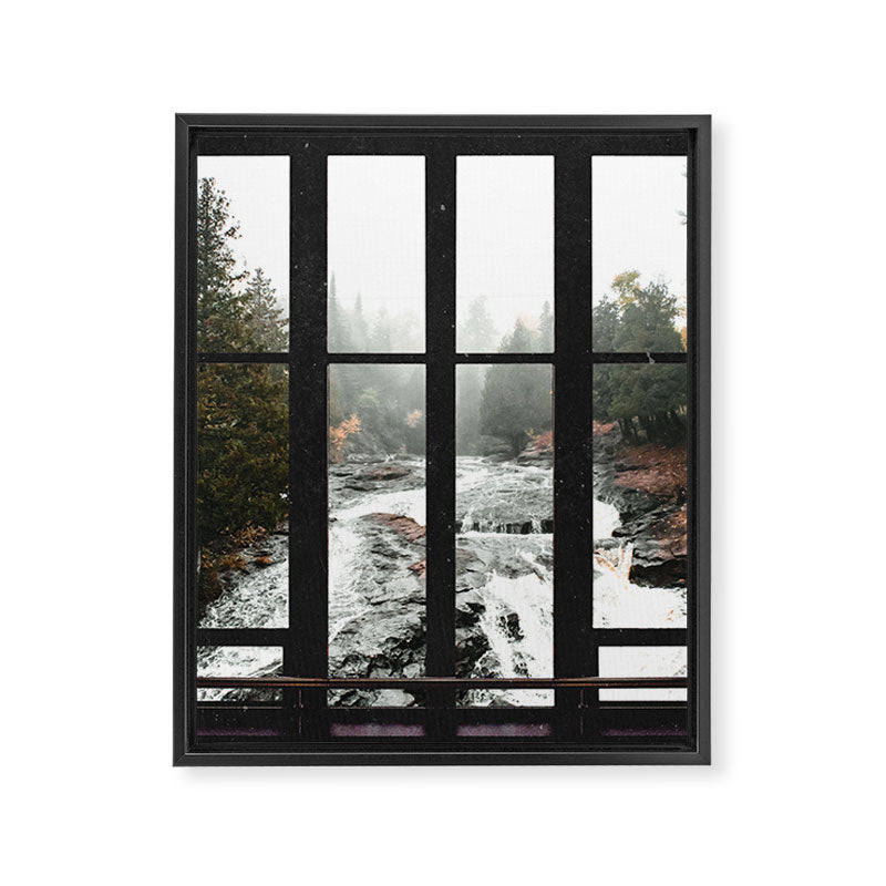 Window to the Waterfall and Forest | Foggy Forest Landscape in Autumn Framed Canvas Print Gallery Image 8