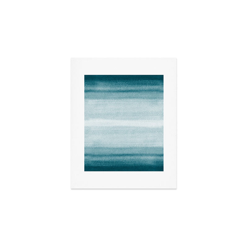 Tropical Dark Teal Inspired by Sherwin Williams 2020 Trending Color Oceanside SW6496 Watercolor Brush Strokes Horizontal Lines Pattern Art Print Gallery Image 1