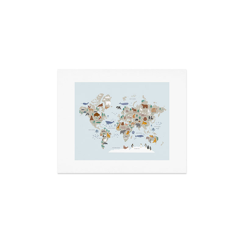 Animal World Map for Kids - Blue Art Print Gallery Image 1