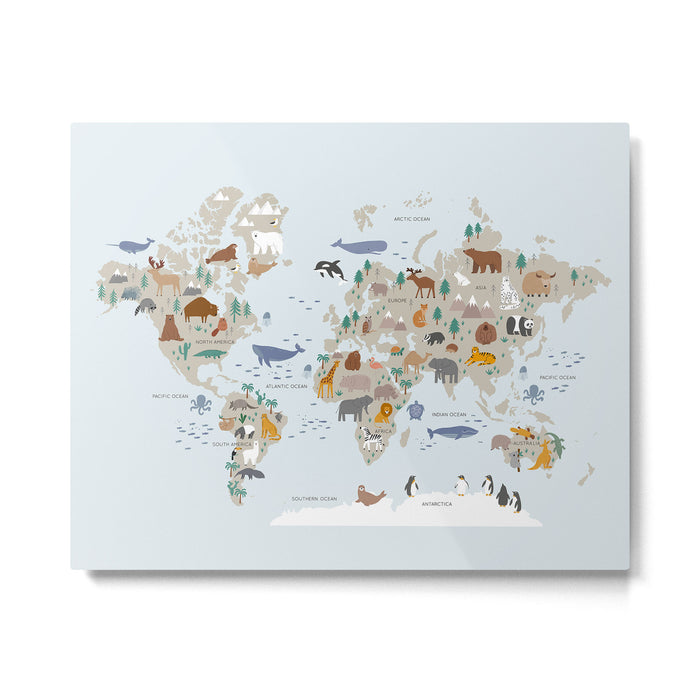 Animal World Map for Kids - Blue Metal Print Gallery Image 1