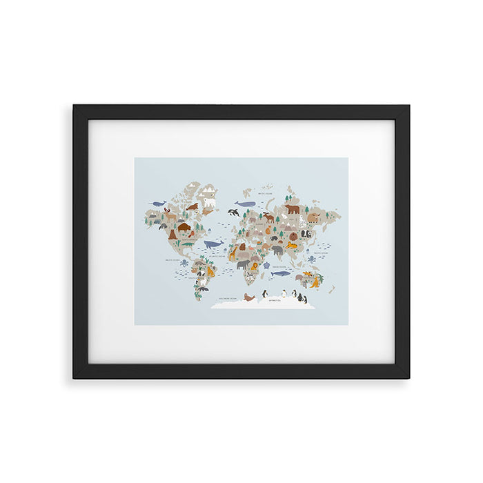 Animal World Map for Kids - Blue Framed Art Print Gallery Image 1