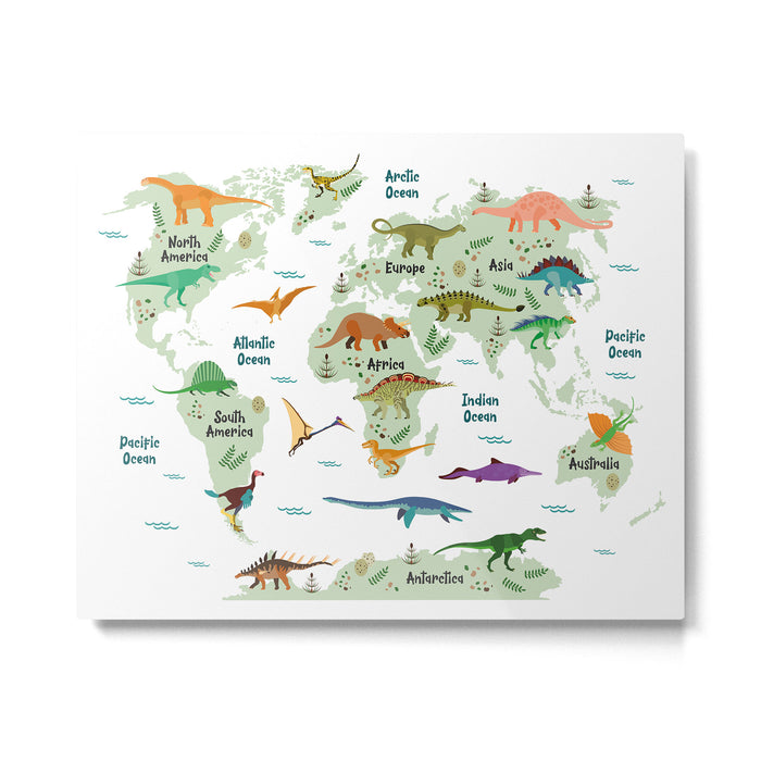 Colorful Dinosaur World Map Metal Print Gallery Image 1