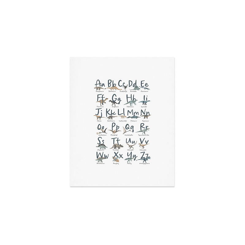 Dinosaur alphabet in muted shades of blue, grey and green Art Print Gallery Image 1