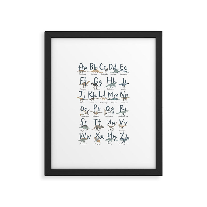 Dinosaur alphabet in muted shades of blue, grey and green Framed Art Print Gallery Image 5
