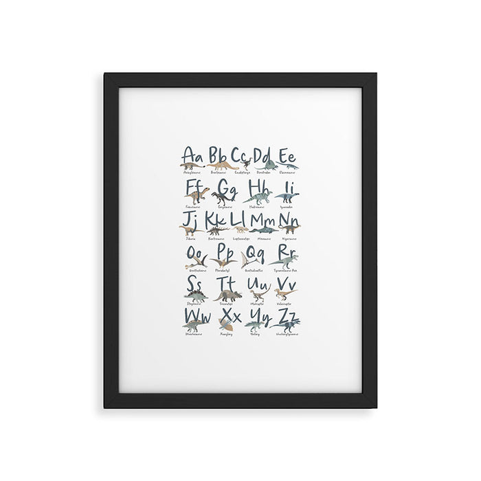 Dinosaur alphabet in muted shades of blue, grey and green Framed Art Print Gallery Image 1