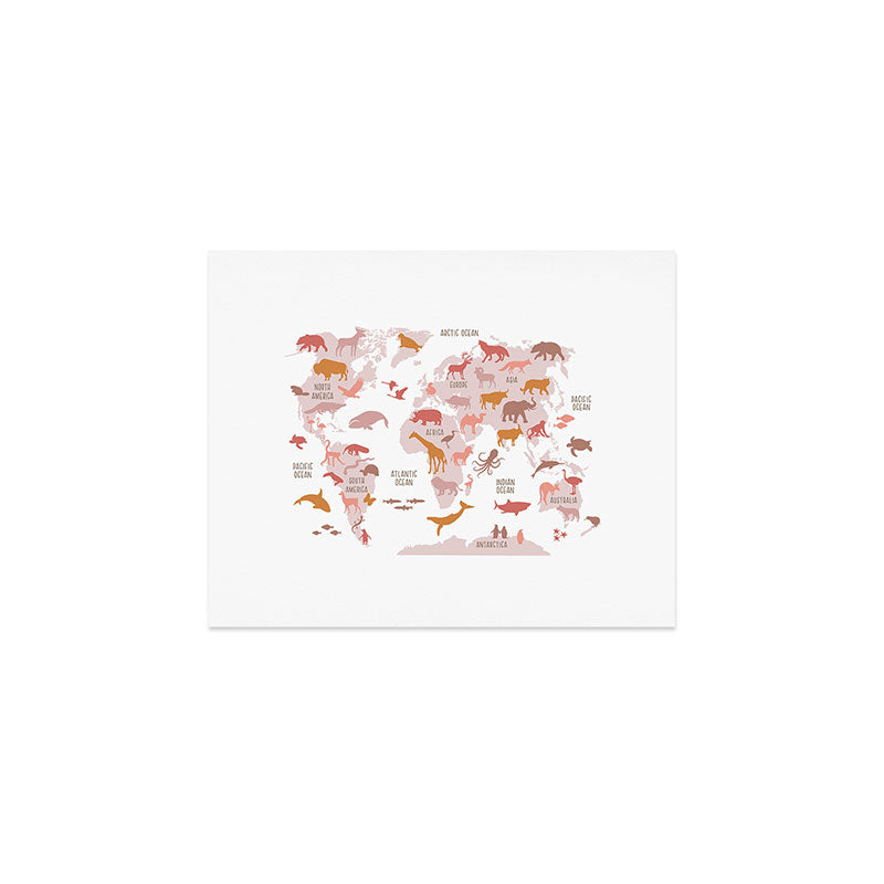 Kids animal world map in shades of pink, blush, rose. Minimalist Scandinavian style Art Print Gallery Image 1