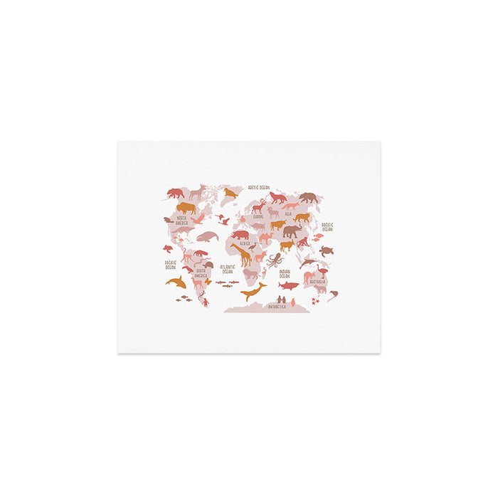 Kids animal world map in shades of pink, blush, rose. Minimalist Scandinavian style Art Print Gallery Image 1