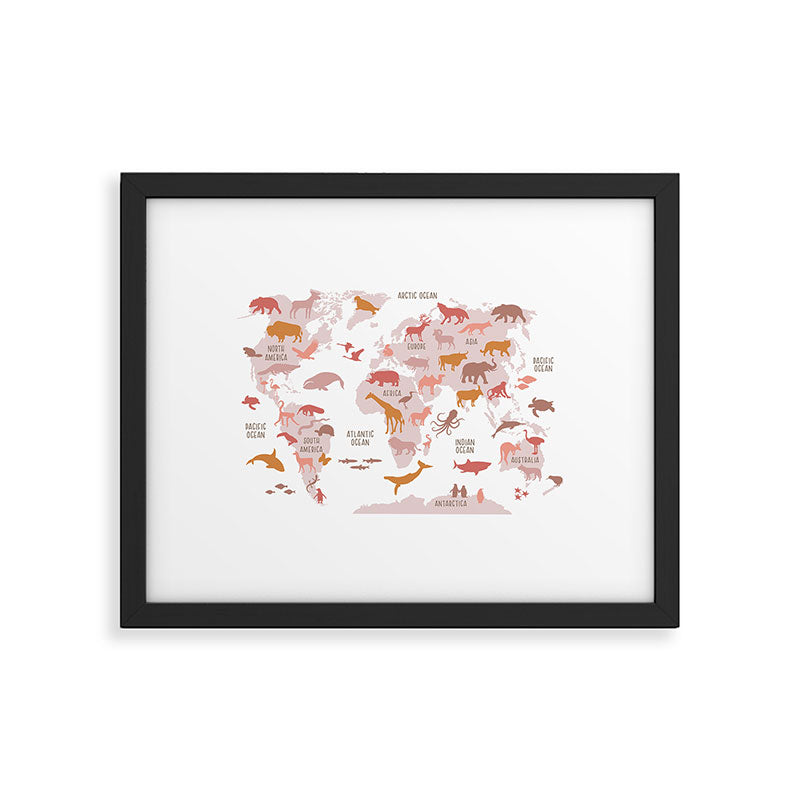 Kids animal world map in shades of pink, blush, rose. Minimalist Scandinavian style Framed Art Print Gallery Image 5