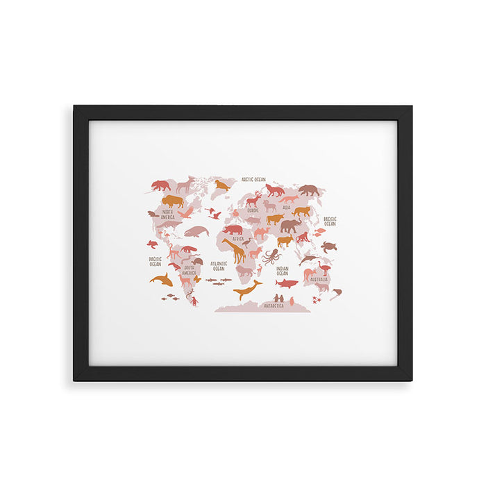 Kids animal world map in shades of pink, blush, rose. Minimalist Scandinavian style Framed Art Print Gallery Image 1