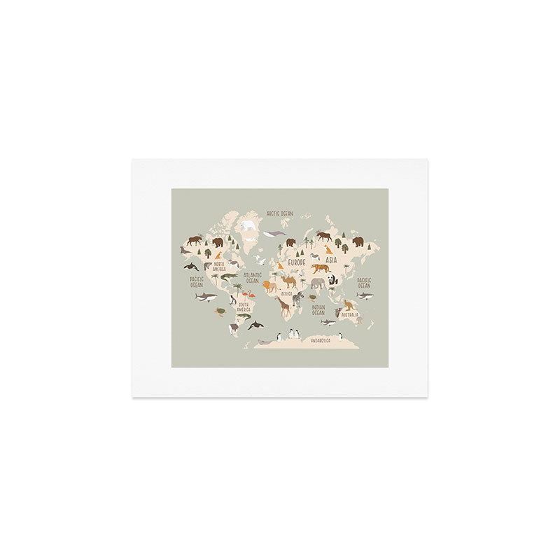 Kids world map with animals in green Art Print Gallery Image 1