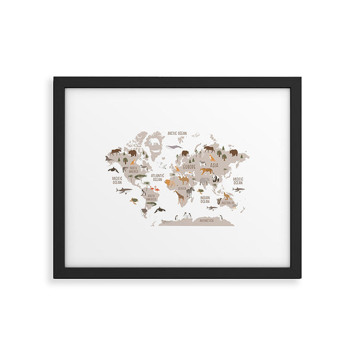 Kids World Map with Animals in White Framed Art Print Gallery Image 1