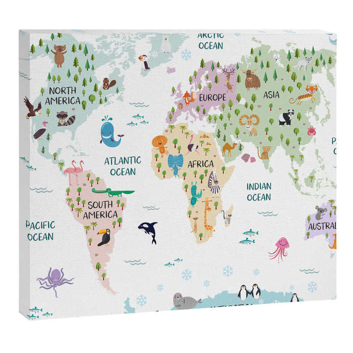 Nursery Animal World Map in Pastels Canvas Print Gallery Image 1