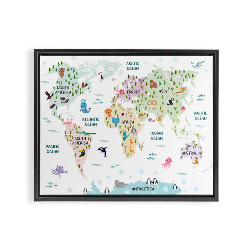 Nursery Animal World Map in Pastels Framed Canvas Print Gallery Image 3