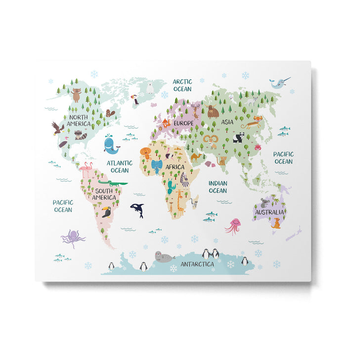 Nursery Animal World Map in Pastels Metal Print Gallery Image 1