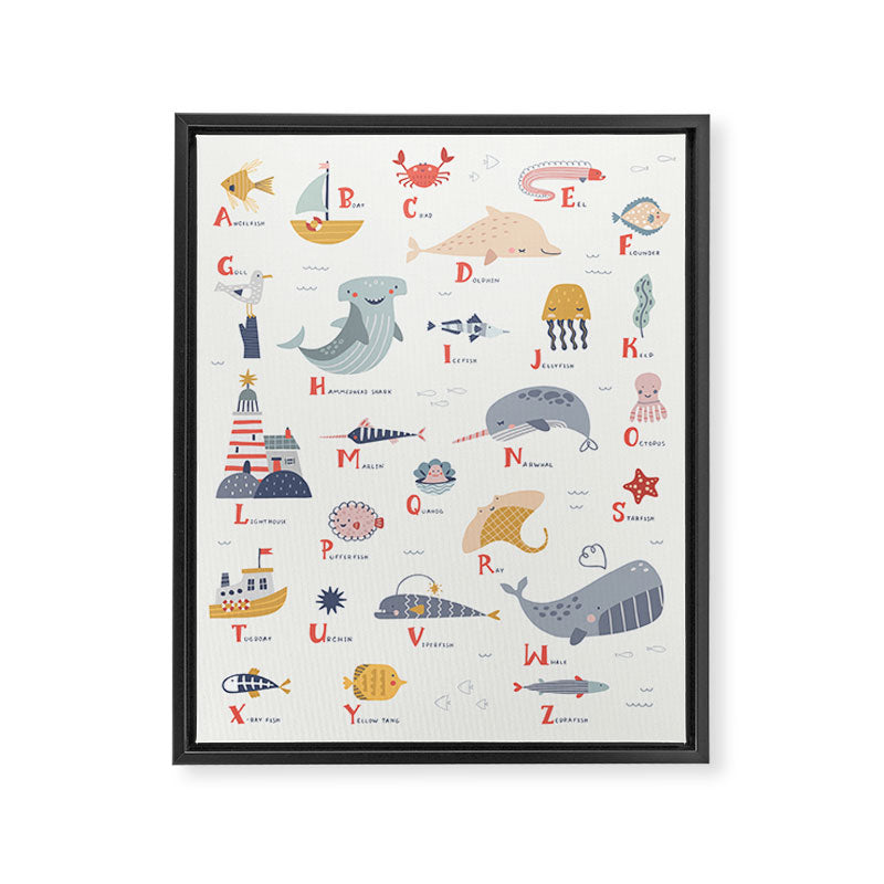 Ocean sealife alphabet in white Framed Canvas Print Gallery Image 6