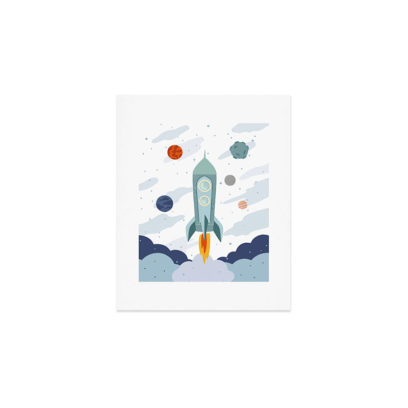 Space rocket print with planets and stars, perfect for an outer space nursery or kids room Art Print Gallery Image 1