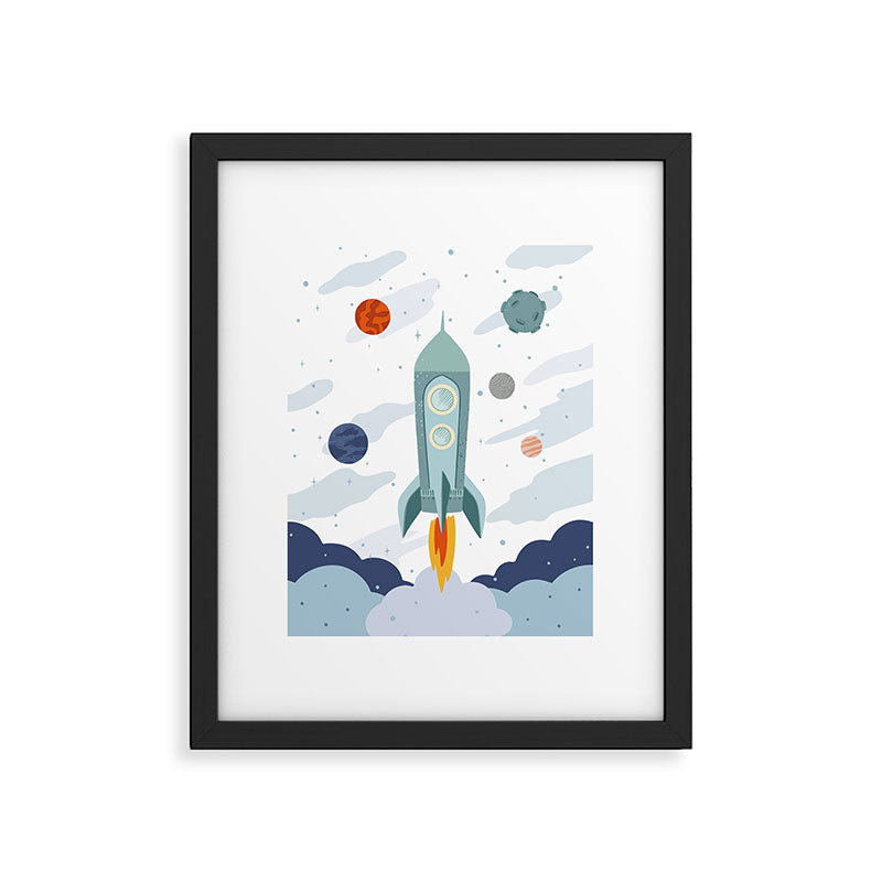 Space rocket print with planets and stars, perfect for an outer space nursery or kids room Framed Art Print Gallery Image 5