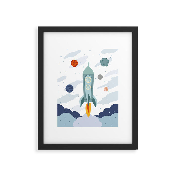 Space rocket print with planets and stars, perfect for an outer space nursery or kids room Framed Art Print Gallery Image 1